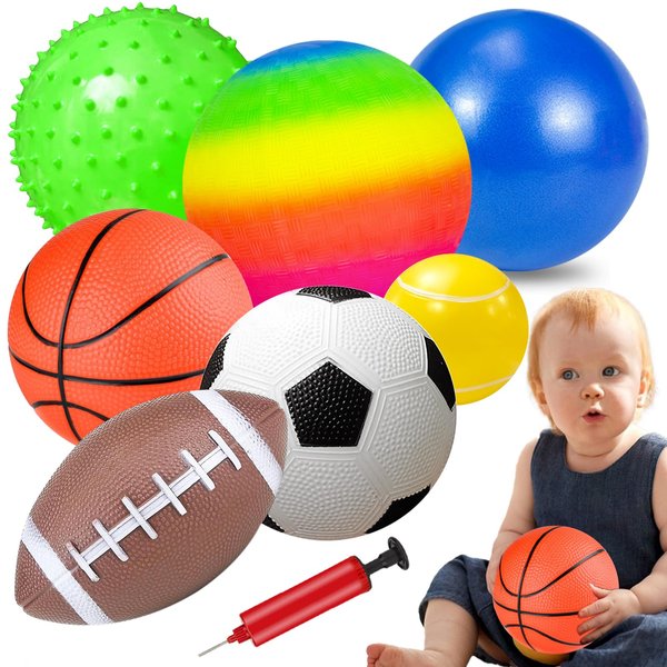 Balls for Toddlers 1-3, 8 Pack Sport Balls Toys with Air Pump- Football, Rugby Ball, Basketbal, Bouncy Ball, Tennis Ball, Massage Ball, Beach Ball, Stress Ball, Indoor Outdoor Toddler Sports Gifts