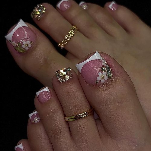 Flower Press on Toenails - 3D Stereoscopic Embossed with Rhinestone Flowers Design, Toe Fake Nails Kit with 24 Nails,24pcs jelly glue stickers,1pcs mini nail file,1pcs wooden stick Nails for Women