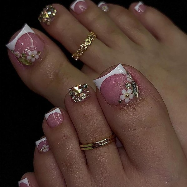 Flower Press on Toenails - 3D Stereoscopic Embossed with Rhinestone Flowers Design, Toe Fake Nails Kit with 24 Nails,24pcs jelly glue stickers,1pcs mini nail file,1pcs wooden stick Nails for Women