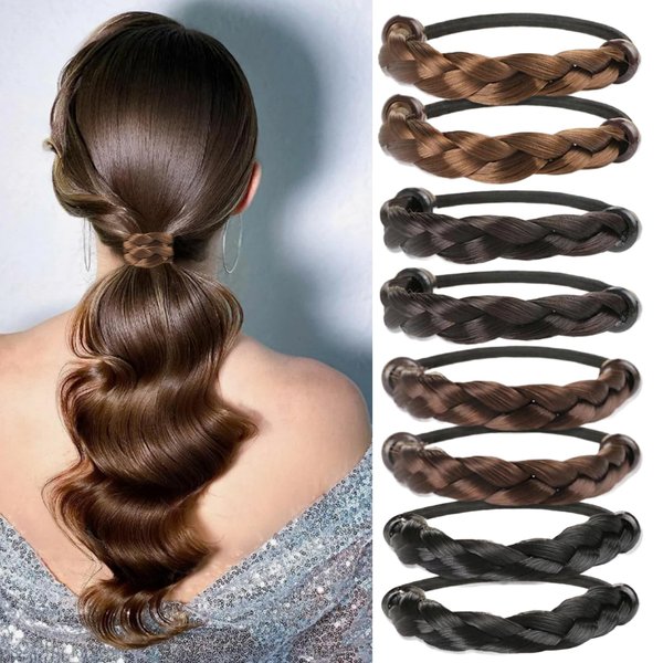 8 Pcs Wig Braided Hair Ties Braided Hair Elastic Rope Wig Imitation Head Ropes Ponytail Holders for Women Invisible Hair Rubber Band Long Hair Styling Accessories (4 Color Braid)