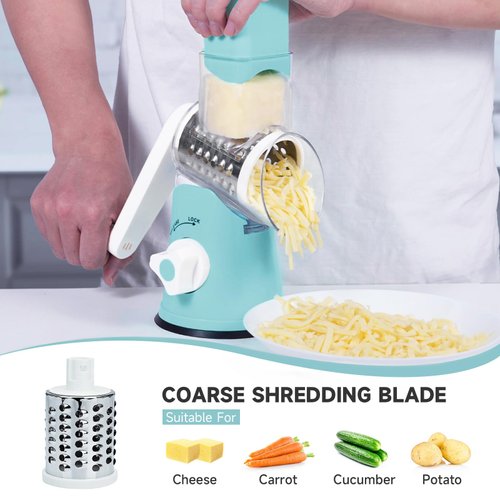 REDPANT Rotary Cheese Grater, Cheese Grater Hand Crank with 3 Interchangeable Blades, Manual Cheese Shredder with Strong Suction Base, Easy to Use and Clean, Blue
