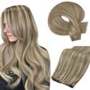 Full Shine Genius Weft Hair Extensions Sew In Hair Extensions 20 Inch 60G Hand Tied Weft Extensions Soft Straight Hair Weft Human Hair Color Light Brown Highlight Platinum Blonde