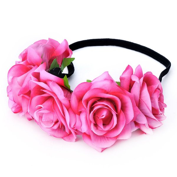 DreamLily Rose Flower Crown Wedding Festival Headband Hair Garland Wedding Headpiece (1-Fuchsia)