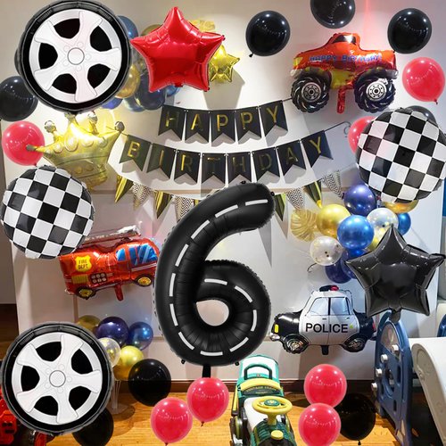 6rd Birthday Race Car Balloons Decorations, 40 Inch Racetrack Black Number 6 Balloon, Mylar Black 6 Balloon for 6rd Birthday Party Supplies, 7 Pcs