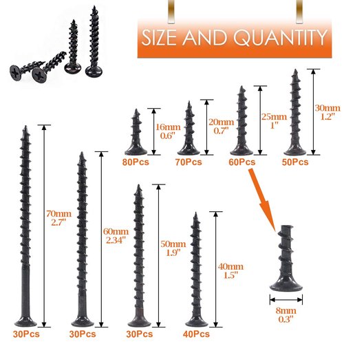 Rustark 390-Pcs #7 Coarse Thread Drywall Screw with Phillips Drive Black Oxide Finsh Bugle Head Wood Screws Assortment Kit Ideal for Drywall Sheetrock