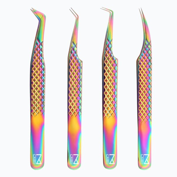 M LASH Eyelash Extension Tweezers (Set of 4) - Professional & Precision Lash Tweezers for Eyelash Extensions - Japanese Steel, Diamond Grip, Fiber Tip V5 (Multi-Color)