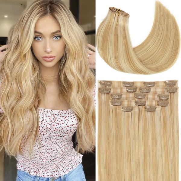 Loxxy Human Hair Clip in Extensions Invisible Double PU Weft Seamless Clip in Hair Extensions Piano Light Golden Brown Mixed With Platinum Blonde Natural Silky Straight 22Inch 110Gram P12/60A