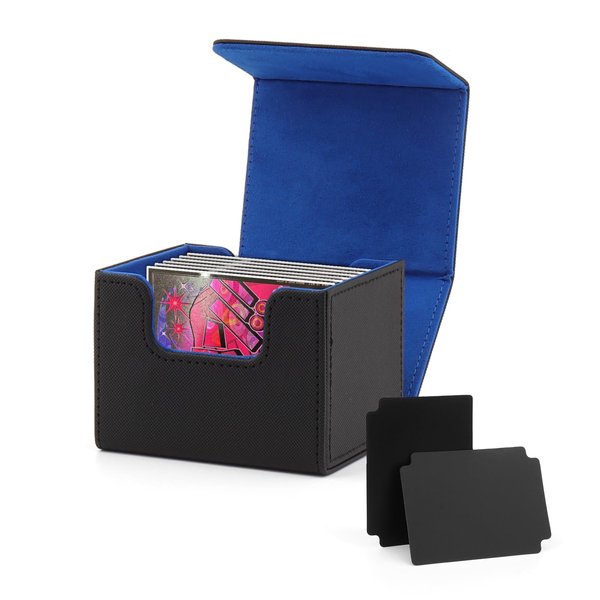 Card Deck Box for Trading Cards with 2 Dividers,Card Storage Box Fits 120+ Single Sleeved Cards,PU Leather Strong Magnet Card Deck Case Holder for YuGiOh,MTG,TCG and Sport Cards (Black& Blue)
