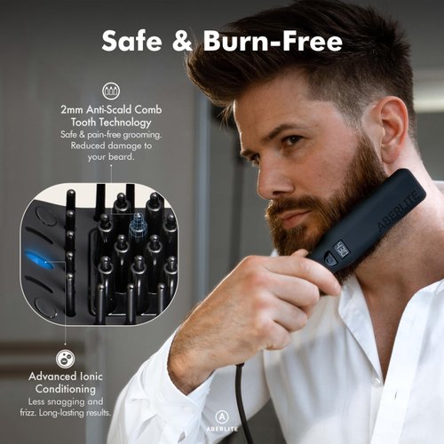 Aberlite Pro (Upgraded) - Advanced Ionic Beard & Hair Straightener with Anti-Scald Heated Brush - Pain-Free Conditioning for All Types