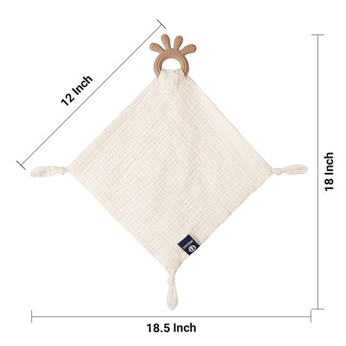 Baby Muslin Security Blanket with Food Grade Silionce Teether,Soothe Teething Toy for Boys and Girls (Cream)
