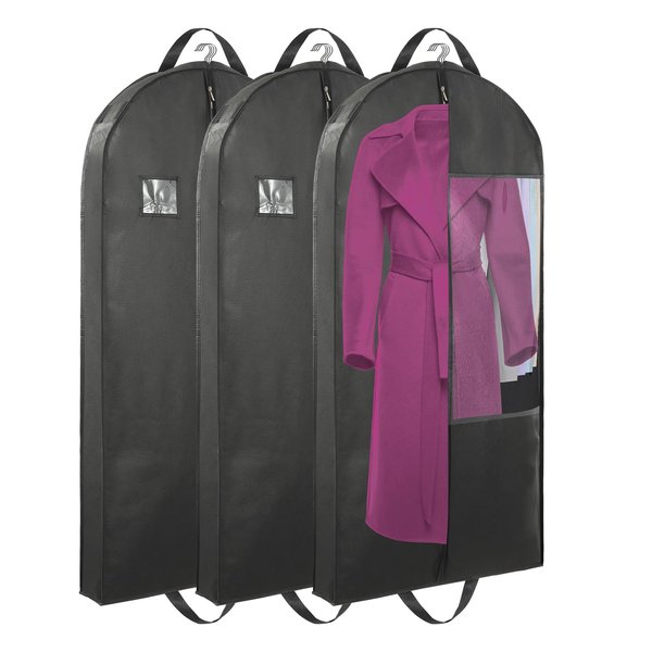 Stykontin 50"Garment Bags for Hanging Clothes with 4" Gussetes, Suit Cover for Clothes,Coats,Fur coat,Suit,Jackets,Dress,Shirts,Skirt. (50"-3pcs-Double zipper-Non-woven Fabric-Black)