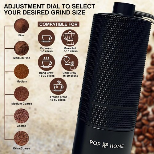 Pop and Party Stainless Steel Manual Coffee Grinder with Adjustable Setting - Lightweight and Easy to Clean - Hand Held Coffee Grinder - Perfect for Home, Office, and Camping - (Black)