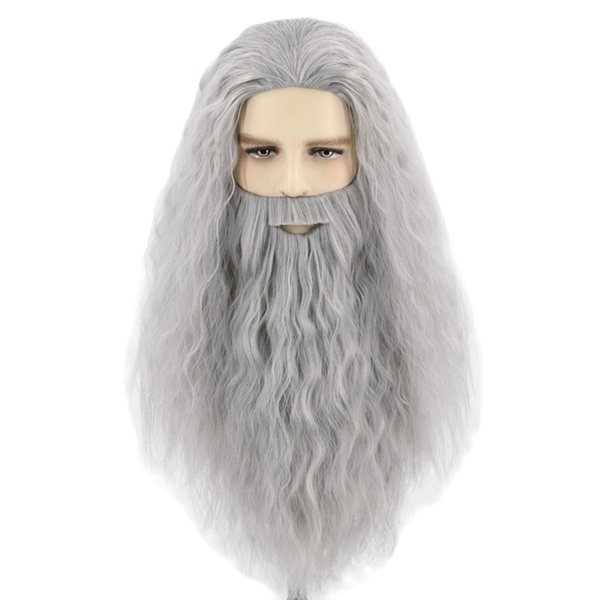 Topcosplay Mens Wigs and Beard Long Gray Cosplay Halloween Costume Wig