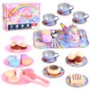 FUQUN 42Pcs Tea Set for Little Girls, Pretend Play Tin Teapot Set, Kids Party Set with Teapot, Dishes & Dessert, Gifts for 3-6 Year Old Girls, Princess Tea Party Play Toy