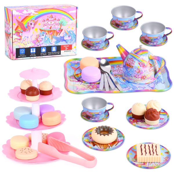 FUQUN 42Pcs Tea Set for Little Girls, Pretend Play Tin Teapot Set, Kids Party Set with Teapot, Dishes & Dessert, Gifts for 3-6 Year Old Girls, Princess Tea Party Play Toy