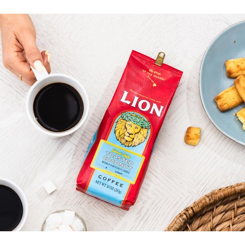 Lion Coffee 3-Pack Toasted Coconut Flavored Light Roast Ground Coffee, A Taste of Aloha - 10 Ounce Bags (Pack of Three)