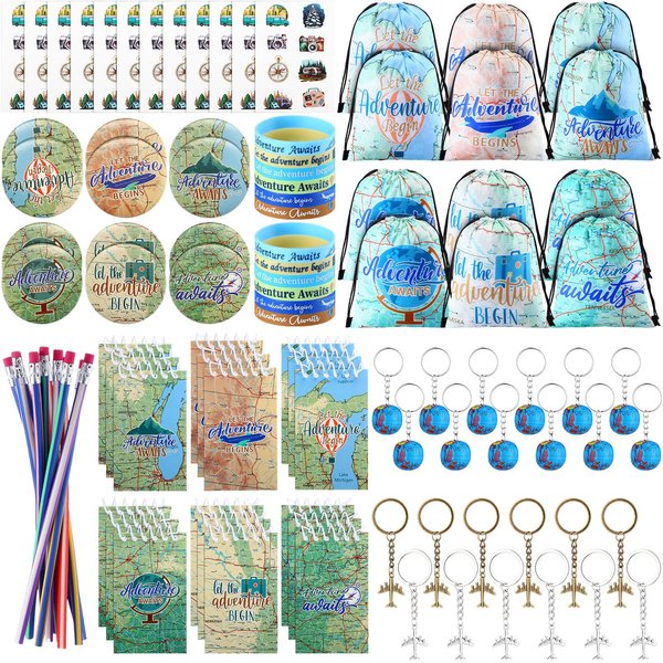 Locmeo 102 Pcs Travel Party Favors Airplane Keychain Bendable Flexible Pencils Travel Stickers Adventure Drawstring Backpack Silicone Wristbands Pin Badges World Map Notebook Earth Theme Keyrings