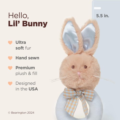 Bearington Baby Lil’ Bunny, 5.5 Inch Plush Bunny Rabbit Stuffed Animal, Soft Baby Rattles and Plush Rings, Baby Gift