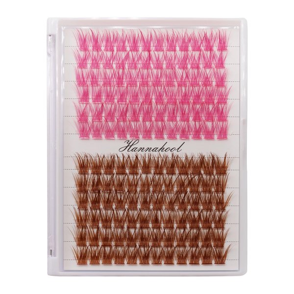 Hannahool Colorful Cluster Lashes Extensions Mixed Brown/Rose red Color Individual False Eyelashes 144 Clusters Wide Stem Volume Color Eyelashes Beauty Tools (14mm)