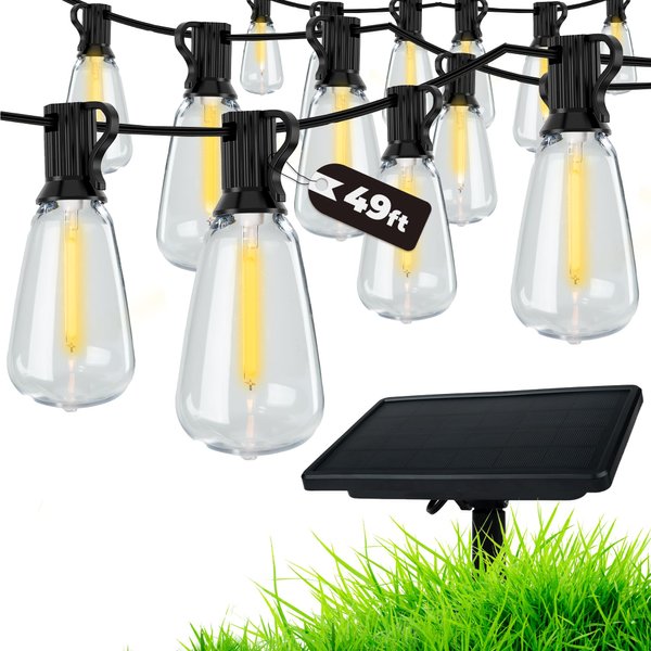 Regalosonline Solar String Lights for Outside - 15+1 LED Bulbs Patio Lights with USB Port & Waterproof Outdoor (Warm White)