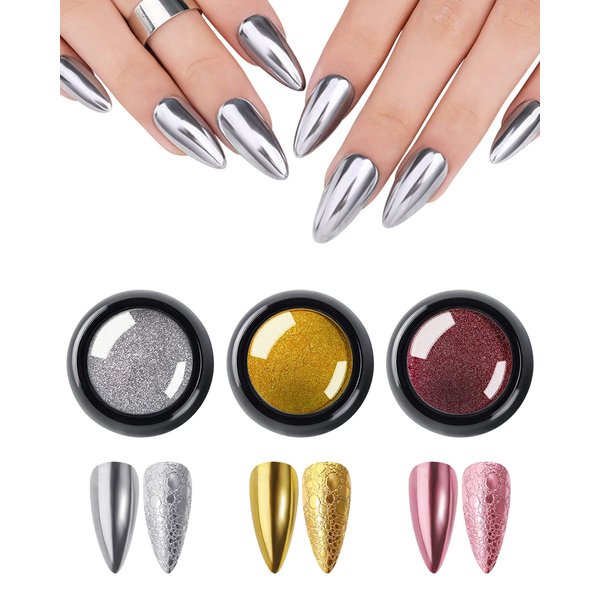 3 Colors Chrome Nail Powder Set Reflective Glitter Metallic Mirror Effect for Nails Art Design 3D Holographic Silver Rose Gold Pigment Flash Light Crome Paillette Dust with 3 Tools