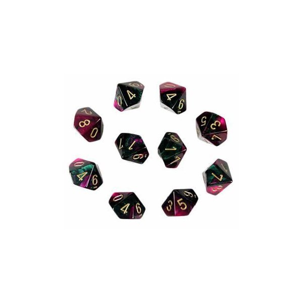 Chessex Dice Sets: Gemini Green & Purple with Gold - Ten Sided Die d10 Set (10)