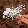 YBSHIN Bride Pearl Hair Comb Sliver Rhinestone Flower Hair Pieces Crystal Bridal Side Combs Leaf Wedding Hair Accessories for Women and Girls