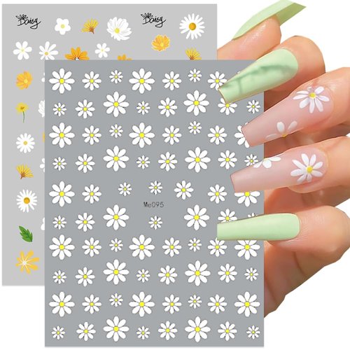 Flower Nail Art Stickers, Floral Daisy Nail Decals 3D Self-Adhesive Pink White Cute Daisy Small Flower Spring Summer Flower Nail Design Manicure Tips Nail Decor Accessories for Women Girls(6Sheets)
