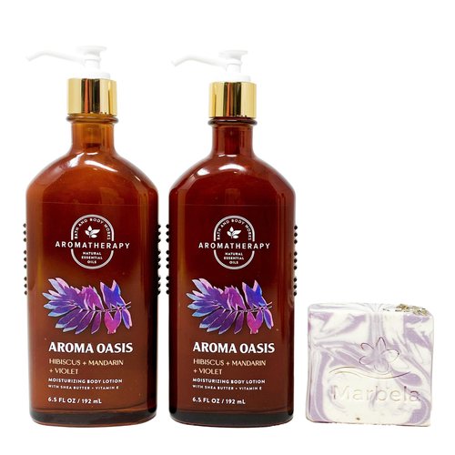 Bath & Body Works Aromatherapy Aroma Oasis Hibiscus & Mandarin & Violet - 2 Pack Of Body Lotion with a Lavender Dreams Bar Soap