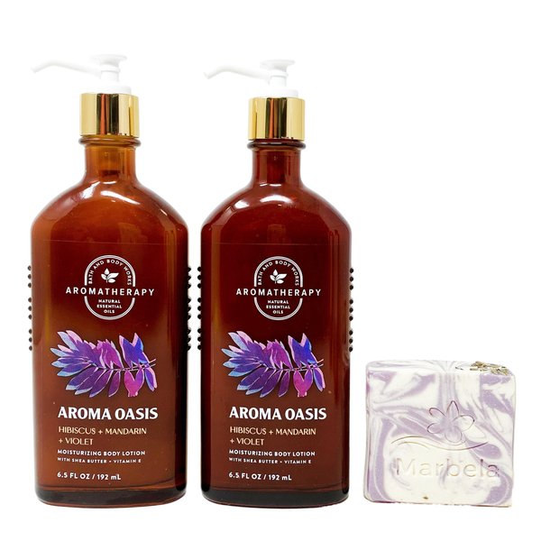 Bath & Body Works Aromatherapy Aroma Oasis Hibiscus & Mandarin & Violet - 2 Pack Of Body Lotion with a Lavender Dreams Bar Soap