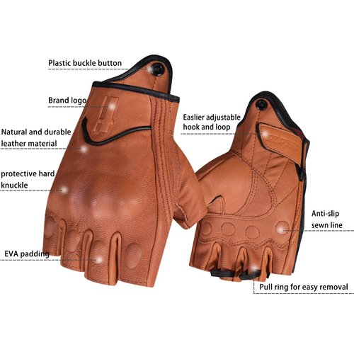 Harssidanzar Mens Half Finger Goatskin Leather Motorcycle Gloves GM037, TAN, Size S