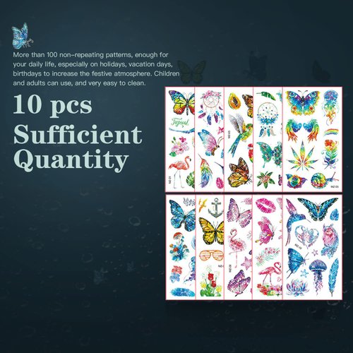 100pcs Glitter Butterfly Temporary Tattoos, 10 Sheets Colorful Stickers Tattoo Various Styles Butterfly Tattoos Stickers Waterproof Cute Small Tattoos Body Art Stickers for Adults Kids