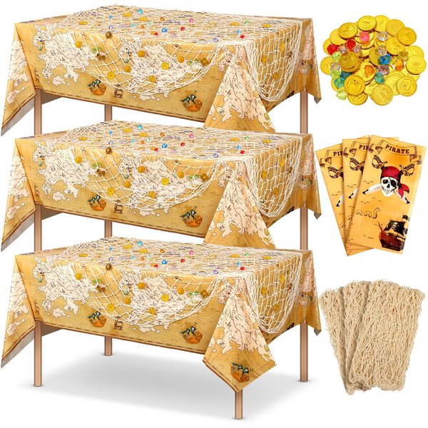 Hahafelt 76 Pcs Pirate Party Tablecloth Treasure Map and Pirate Gold Coins and Pirate Gems Table Cover Plastic Island Treasure Pirate Nautical Party Supplies for Treasure Theme Birthday Party Decor