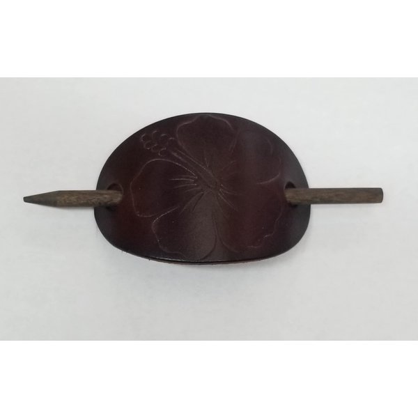 Hand Made Leather Barrette with Wooden Stick for Thick Hair Hibiscus