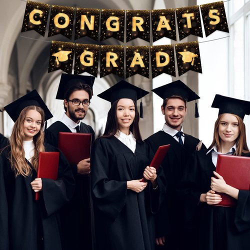 YQUQWN, Congrats Grad Banner, NO DIY Graduation Banner 2024 Congratulations Banner, Black and Gold Graduation Decorations 2024 Graduation Party Decorations 2024 Class of 2024 Decorations