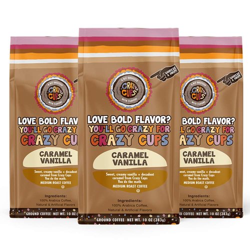 Crazy Cups Flavored Ground Coffee, Caramel Vanilla, in 10 oz Bags, For Brewing Flavored Hot or Iced Coffee, 3 Pack