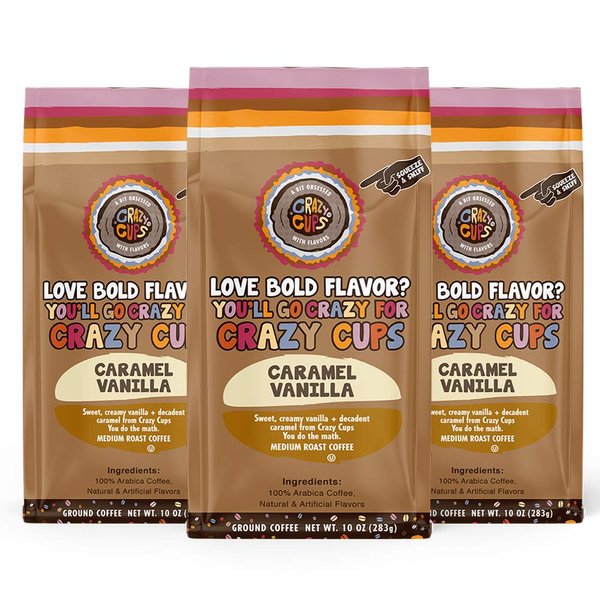 Crazy Cups Flavored Ground Coffee, Caramel Vanilla, in 10 oz Bags, For Brewing Flavored Hot or Iced Coffee, 3 Pack