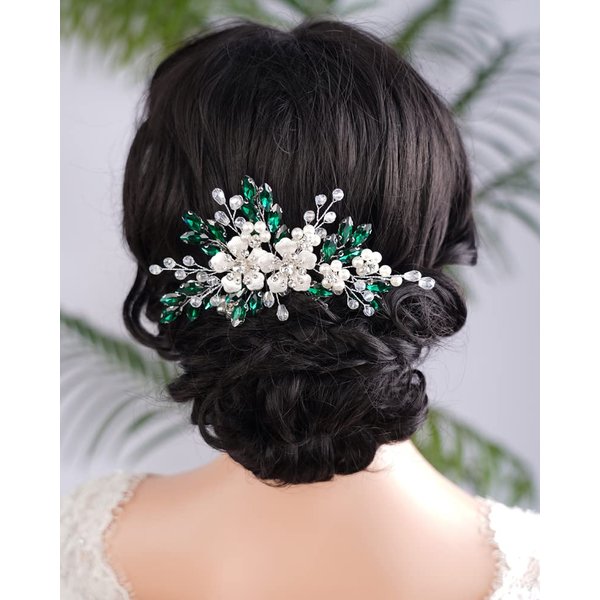 Rumtock Silver Flower Green Crystals Beads Hair Comb for Women Girls Wedding Bridal Hair Piece Hair Styling Jewelry Banquet Prom (Green)