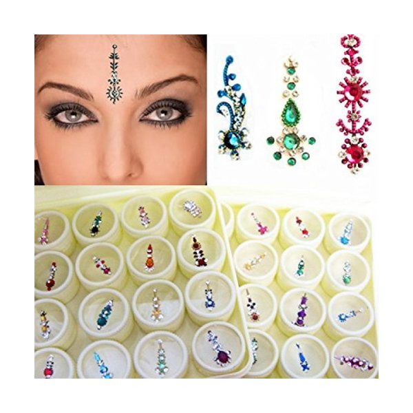 Bindi Box Long Multicolored Crystal Bindis - Bridal Forehead Tika temporary tattoo wedding face Jewels makeup (Pack of 20 Bindis)