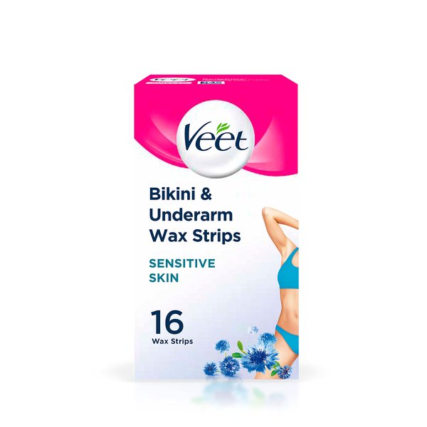 Veet Cold Wax Strips, Hair Removal, Bikini & Underarm, Sensitive Skin, 16 Strips each, 3 Finish Wipes