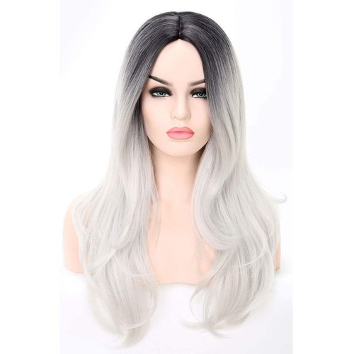 COSYMAY Silver Wig Natural Wave Synthetic Wig with Wavy Ends 22 inch Long Cosplay Wig for Women Glueless Heat Resistant Costume Wig Daily Wear Middle Part Full Wig