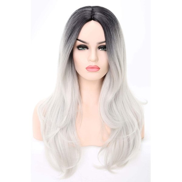 COSYMAY Silver Wig Natural Wave Synthetic Wig with Wavy Ends 22 inch Long Cosplay Wig for Women Glueless Heat Resistant Costume Wig Daily Wear Middle Part Full Wig