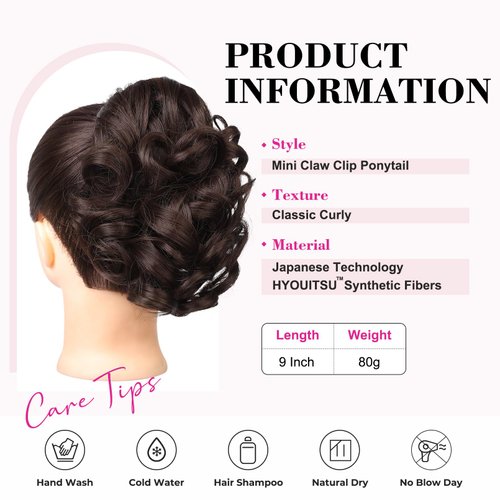 REECHO 9" Short Ponytail Extension, Classic Loose Curly Wavy Claw Clip Pony tails Hair Extensions HP001 Hairpieces for Women (Dark Brown)