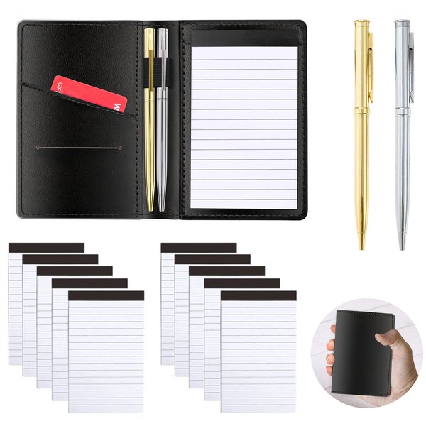 JNOMOW 13 Pieces Mini Pocket Notepad Set,Included Leather Pocket Notepad Holder,10 Pack 3×5 Inch Small Notebook Refills,30 Lined Paper Per,2 Metal Ballpoint Pens