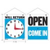 BAZIC Open Sign 7.5"x9", Clock Will Return Will be Back, Double Sides Plastic Vinyl Signs, Business Store Office Bars Retail Salon Shop, 1-Pack