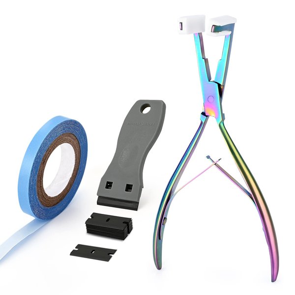EHDIS Hair Extensions Tools Kit Tape in Hair Extensions Pliers Flat Surface Hair Sealing Pliers with Lace Front Wig Adhesive Tape Roll Plastic Adhesives Remover Scraper Tool