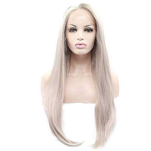 Melody Long Silver Grey Wigs Long Natural Straight Hair Wigs For Women Hair Grey Lace Front Synthetic Wigs Ash Blonde Silver Platinum Heat Resistant Fiber Hair Wigs Middle Parting 24"