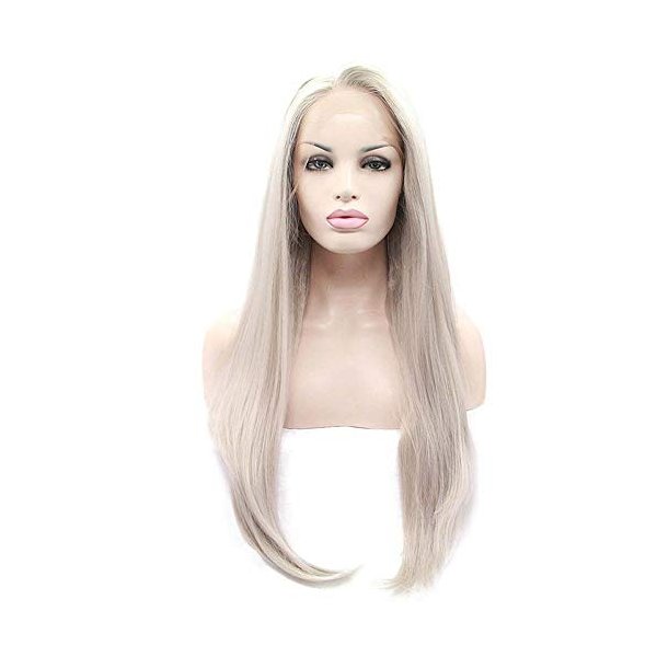 Melody Long Silver Grey Wigs Long Natural Straight Hair Wigs For Women Hair Grey Lace Front Synthetic Wigs Ash Blonde Silver Platinum Heat Resistant Fiber Hair Wigs Middle Parting 24"