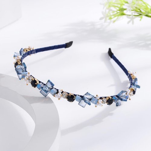 Formery Blue Crystals Headband Rhinestone Beaded Hairband Party Prom Wedding Handmade Pearl Beads Headpiece for Women and Girls