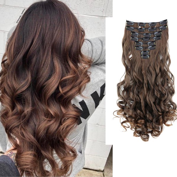 CAISHA by PRETTYSHOP XXL 18" 8 Pieces Set Clip In Extensions Hair Extension Hairpiece Voluminous Wavy Brown Mix CES12-1